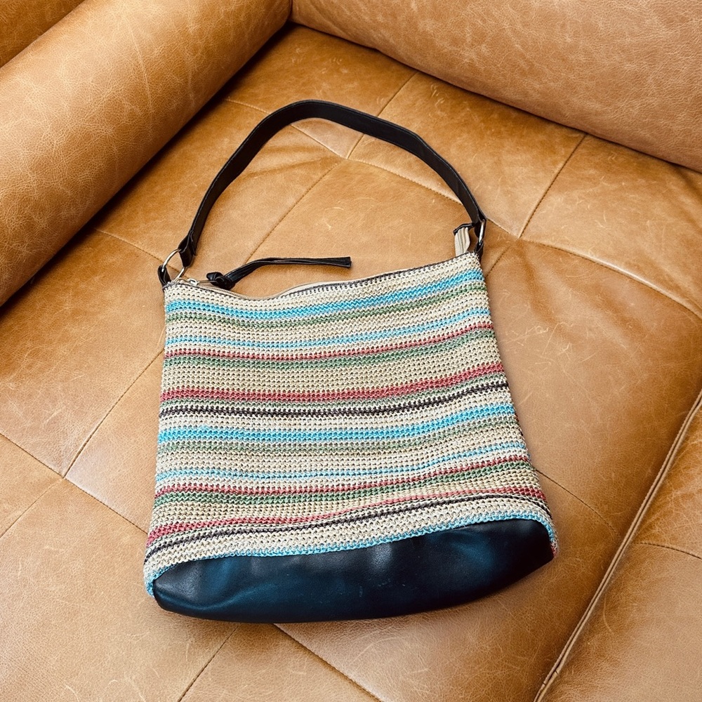 Wicker bag shoulder - multicoloured stripes - lined